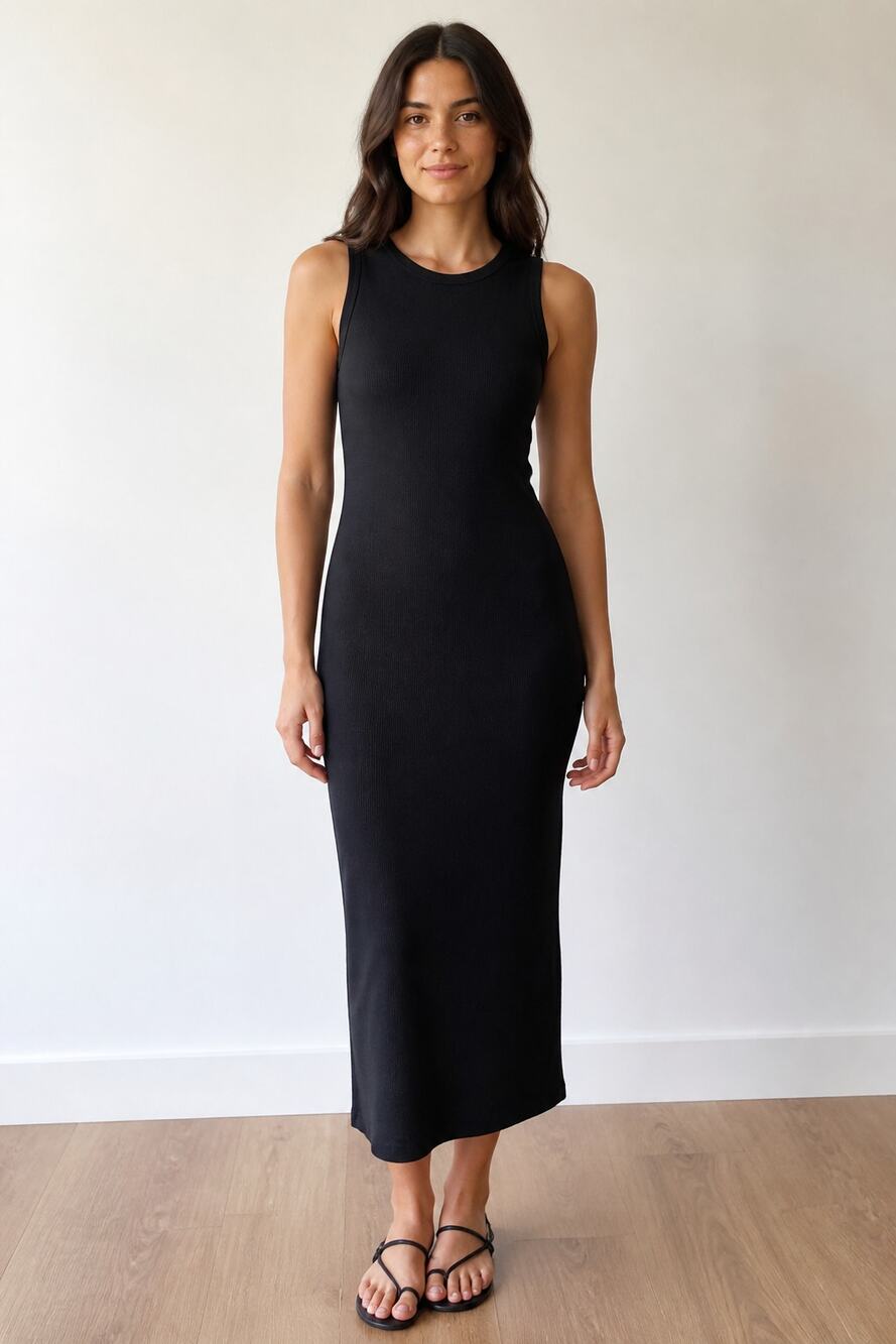Stradivarius Black Sleeveless Ribbed Midi Dress S